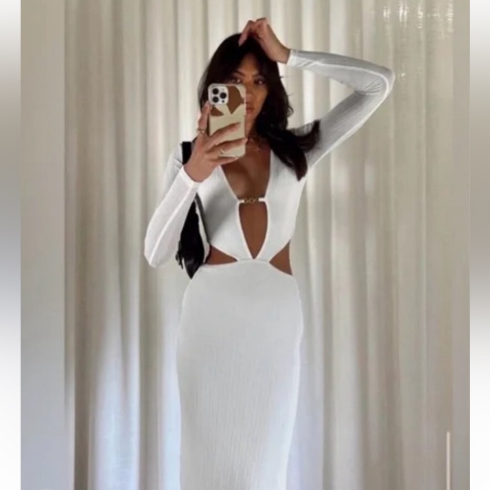 Princess Polly White Long Sleeve Cut-Out Dress